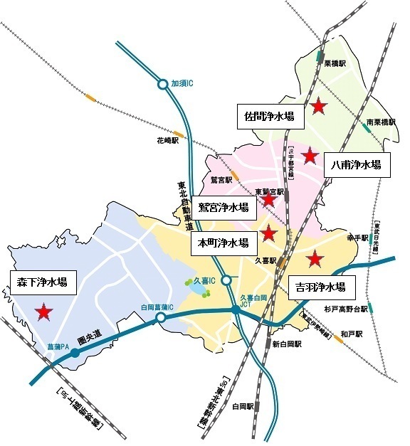 地図：災害時応急給水拠点（浄水場）