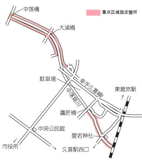 地図：中落堀川沿いの遊歩道及び道路（久喜駅西側）地図