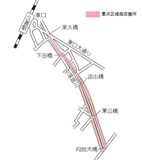 地図：中落堀川沿いの遊歩道及び道路（久喜駅東側）地図