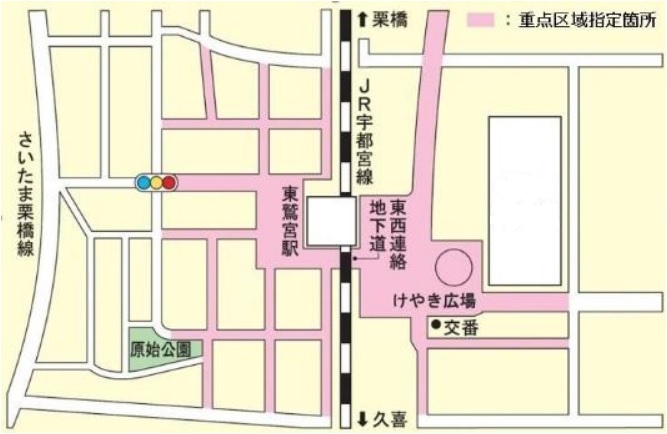 地図：東鷲宮駅東西駅前とその周辺地図