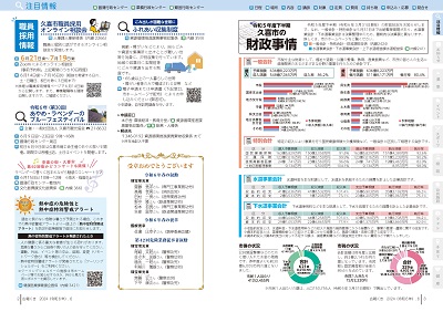 広報の写真：2から3ページ　久喜市職員採用オンライン相談会／ふれあい収集制度／令和6年（第30回）あやめ・ラベンダーのブルーフェスティバル／熱中症予防コラム／令和6年春の叙勲・第42回危険業務従事者叙勲／令和5年度下半期久喜市の財政事情