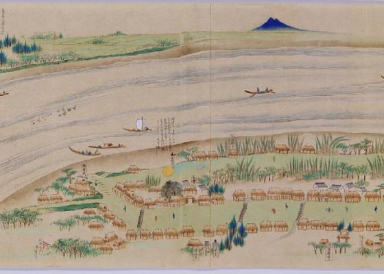画像:「日光道中絵図」栗橋宿部分(奥に見えるのが筑波山)