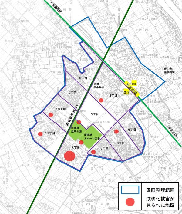 地図:液状化被害が見られた地区