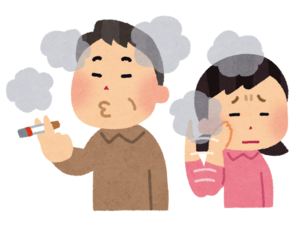 イラスト：たばこを吸う男性と、嫌な表情で煙をはらう女性