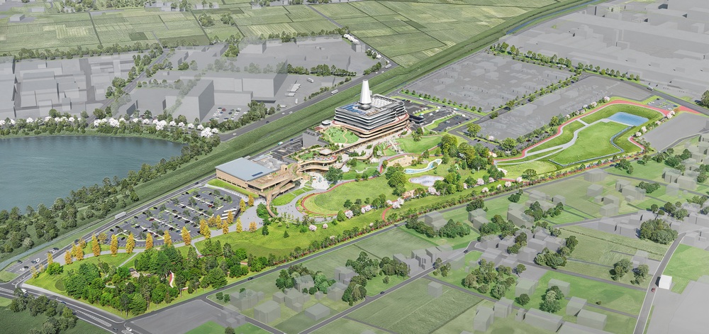 新ごみ処理施設、余熱利用施設及び(仮称)本多静六記念市民の森・緑の公園の全体鳥瞰図