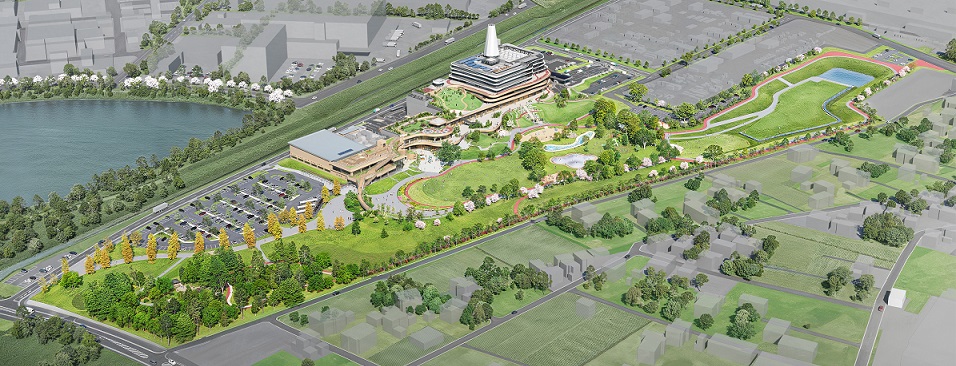 新ごみ処理施設、余熱利用施設、(仮称)本多静六記念 市民の森・緑の公園全体の鳥瞰図