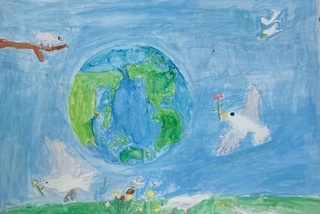 「平和の花をはこぶ白いはと」の画像