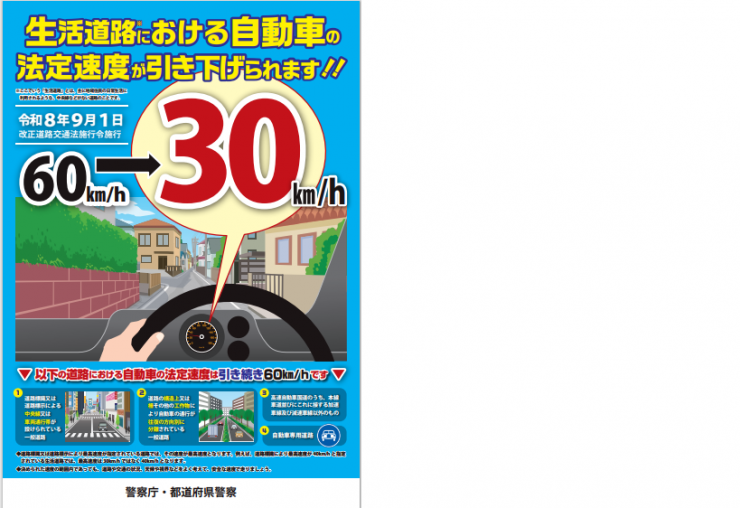 法定速度が時速30キロメートルに引き下げられます