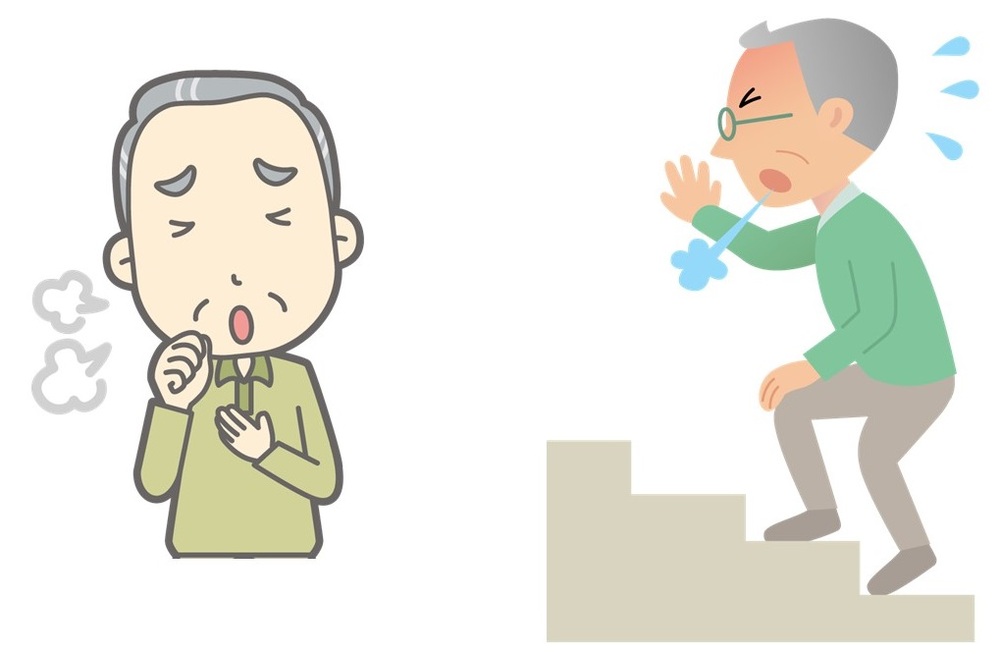 階段をのぼる男性が息切れしているイラスト